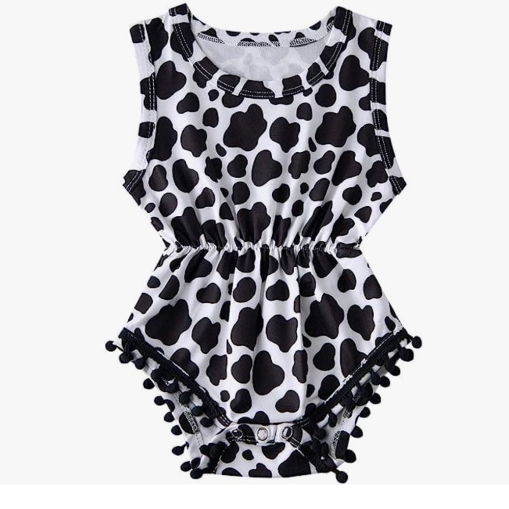 🔴 3 for $15 FunnyCoKid Black White Cow Print Bubble Romper Onesie Tassels 12 Mo